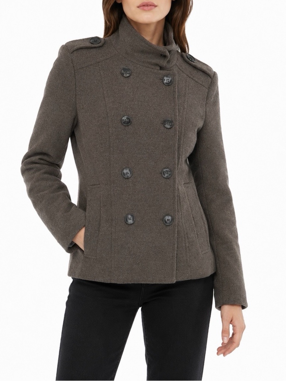 H&M Double-Breasted Peacoat in Dark Brown